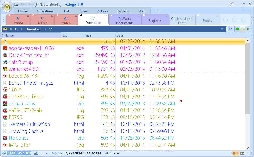 Tabs are used to quickly open frequently used folders, or to return to a recently used folder. Tabs can be grouped by color, highlighted, made multi-line. Tab labels can text can be customized. Hot keys can be assigned to tabs.